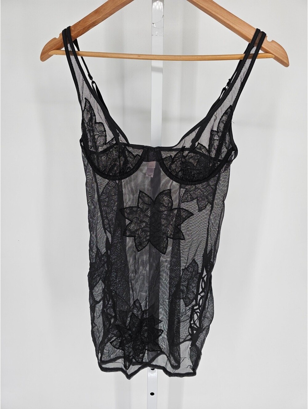 VTG Y2K Victorias Secret Sz 36B Black Mesh Nightie Floral Detail Sexy Sheer